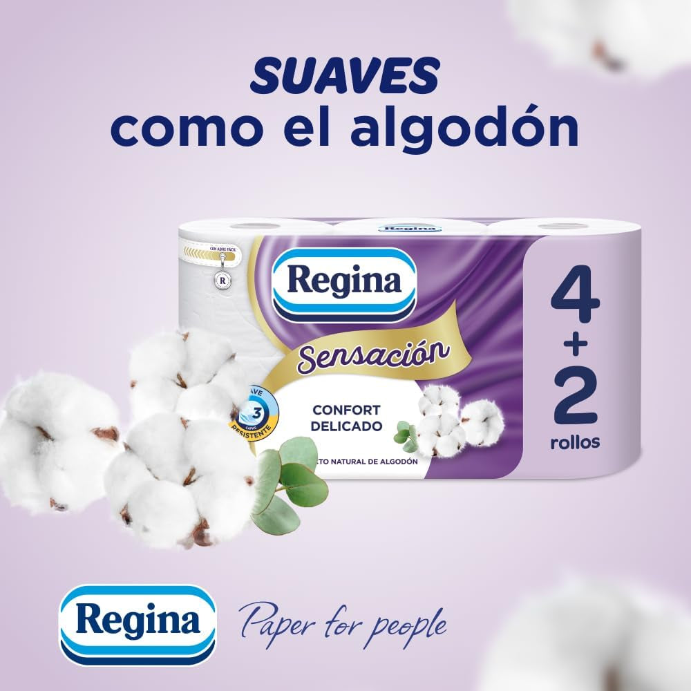 Regina Feeling - 42 rouleaux de papier toilette, 175 feuilles à trois couches, extrait naturel de coton et parfum délicat, emballage en plastique recyclé à 60%, papier certifié 100% Fsc