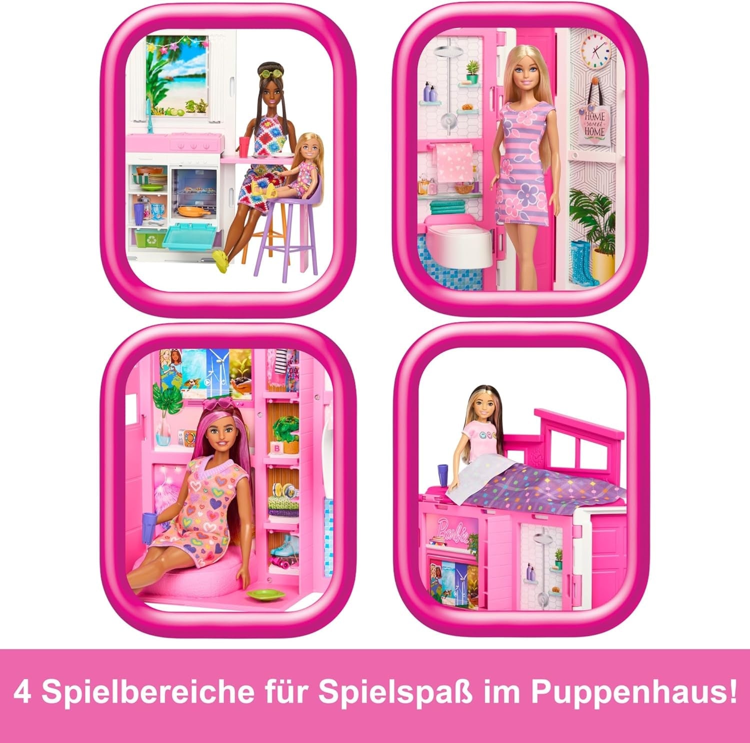 Barbie-Puppenhaus Spielset, Ferienhaus mit 4 Spielbereichen, Darunter Küche, Badezimmer, Schlafzimmer und Lounge, 11 Deko-Zubehörteile, HRJ76