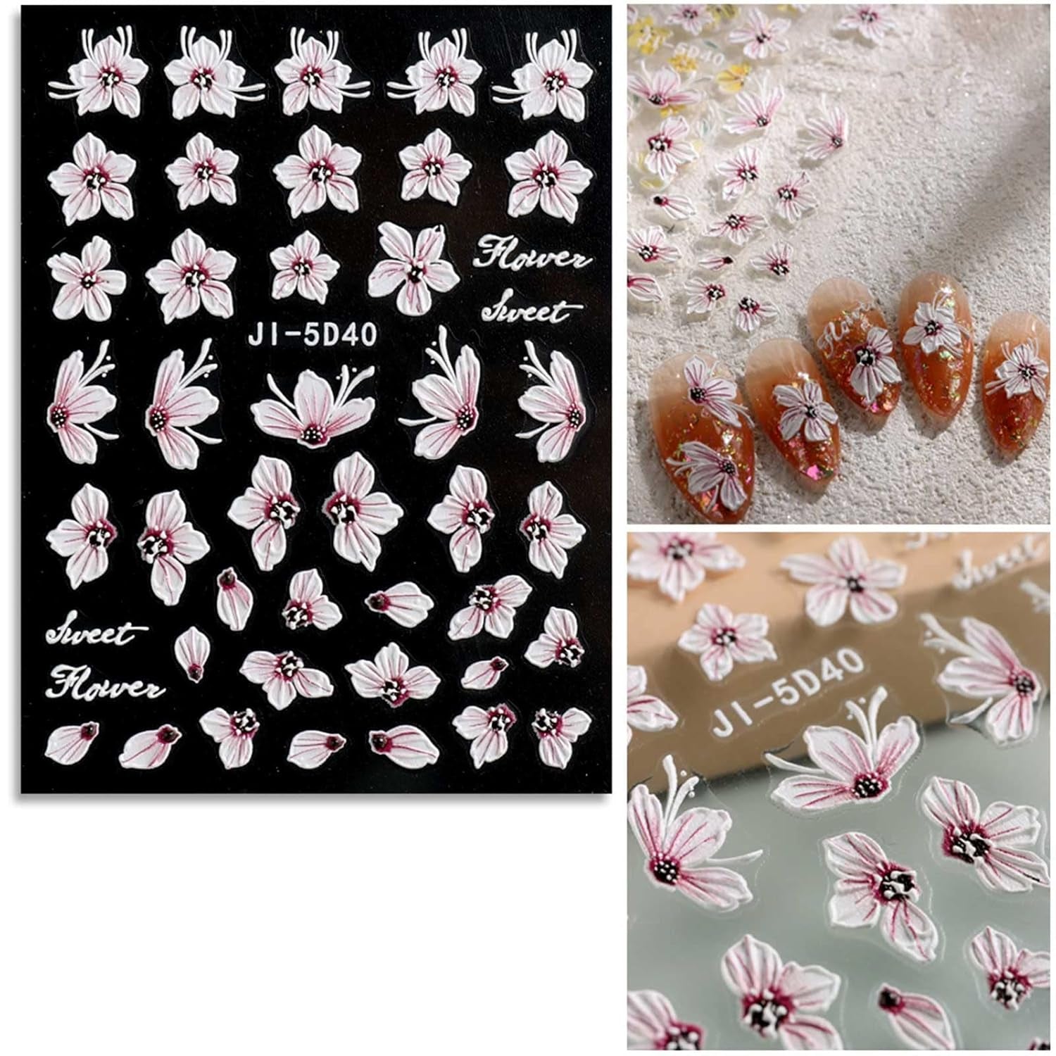 JMEOWIO Autocollants de manucure 3D pour ongles, fleurs, autocollants pour nail art, autocollants auto-adhésifs, bandes stéréoscopiques 5D, décoration de fleurs d'été, design de manucure, 4 feuilles