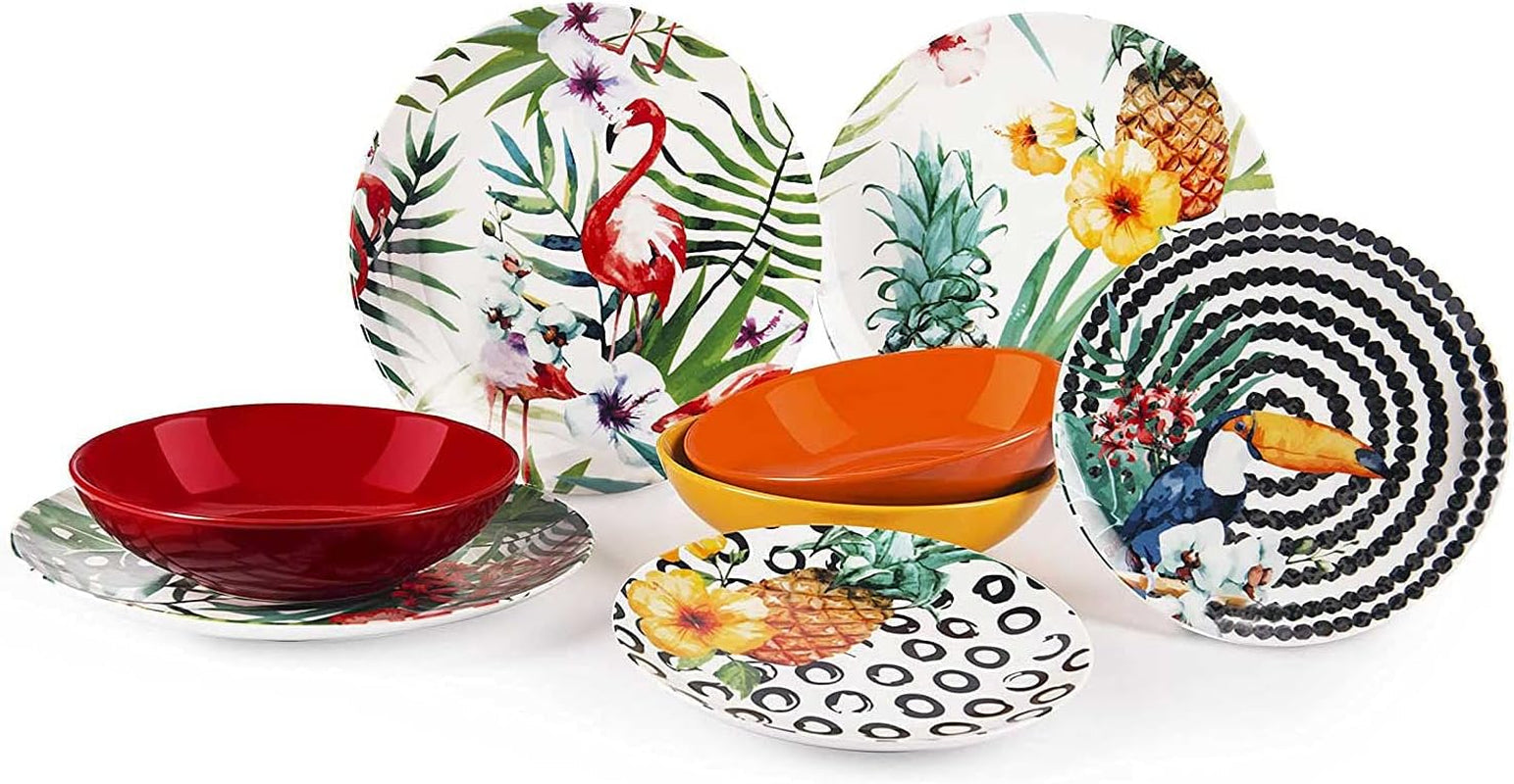 Excelsa Tropical Chic Service d'assiettes, 18 pièces, Porzellan, grande couleur