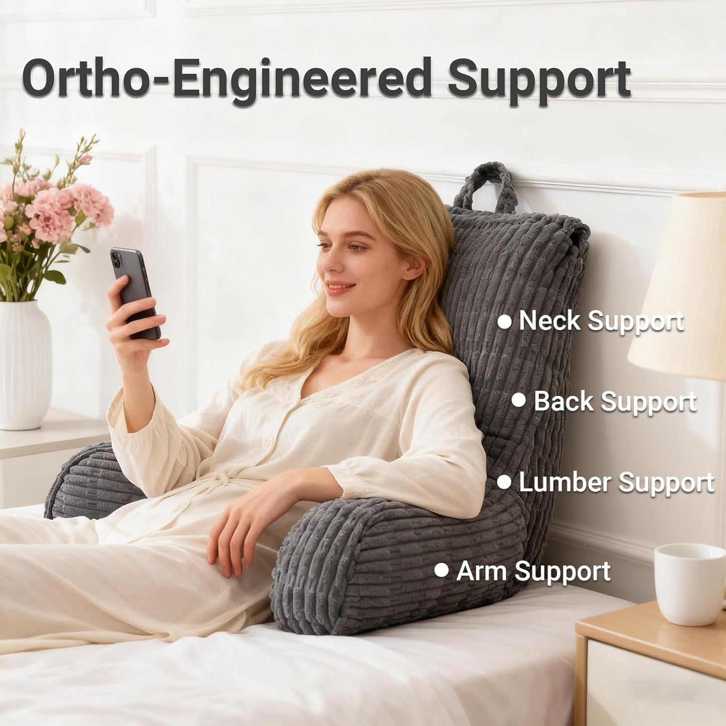 Oreiller de lecture pour lit et canapé, oreiller de lecture avec repose-poignets, accoudoirs et support dorsal, oreiller de dos de lit pour se reposer, se détendre, lire, travailler sur un ordinateur portable, regarder la télévision (gris foncé)