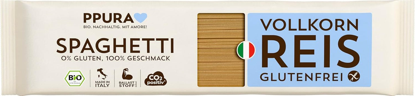 PPURA Spaghetti au riz complet bio sans gluten 400g - Pâtes naturelles italiennes au riz complet bio - Sans gluten, sans sucre ni additifs, préparées de manière traditionnelle