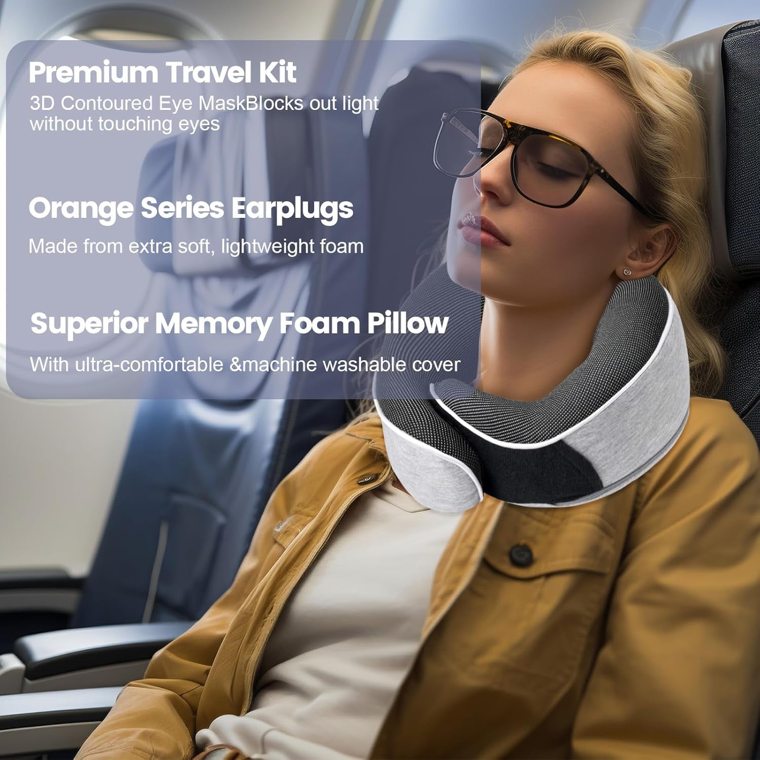 Oreiller cervical Oreiller de voyage en mousse à mémoire de forme Oreiller cervical en mousse à mémoire de forme au design ergonomique avec masque pour les yeux 2 bouchons d'oreille et sac de rangement Parfait pour dormir sur la route en voyage Naty Shop Oreillers orthopédiques cervicaux