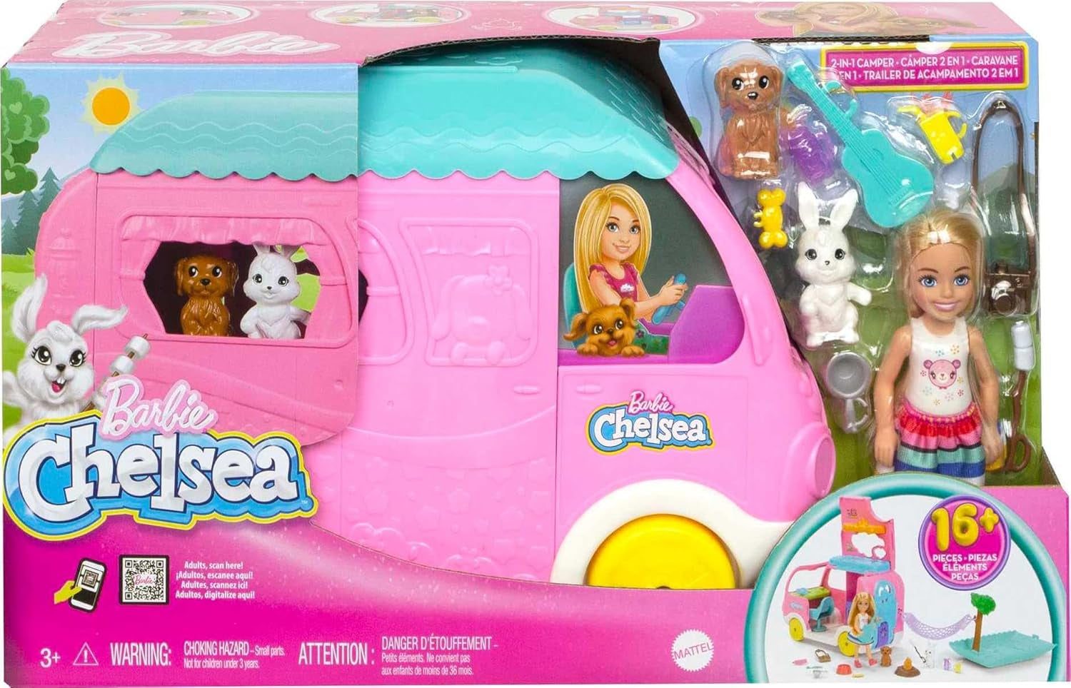 Barbie Chelsea Caravane 2 en 1 – Véhicule jouet avec piscine, hamac et coin repas pour un jeu imaginatif et l'heure du conte, à partir de 3 ans, HNH90