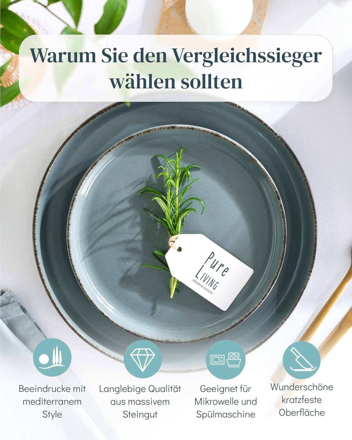 Steingut Geschirrset 12 Personen Rustique 36 tlg. TESTSIEGER, Hochwertiges Landhaussttil Steingut Geschirr Set, Schüssel- und Teller Set, Tafelservice 12 Personen, Geschirrsets Pure Living à Rauchblau