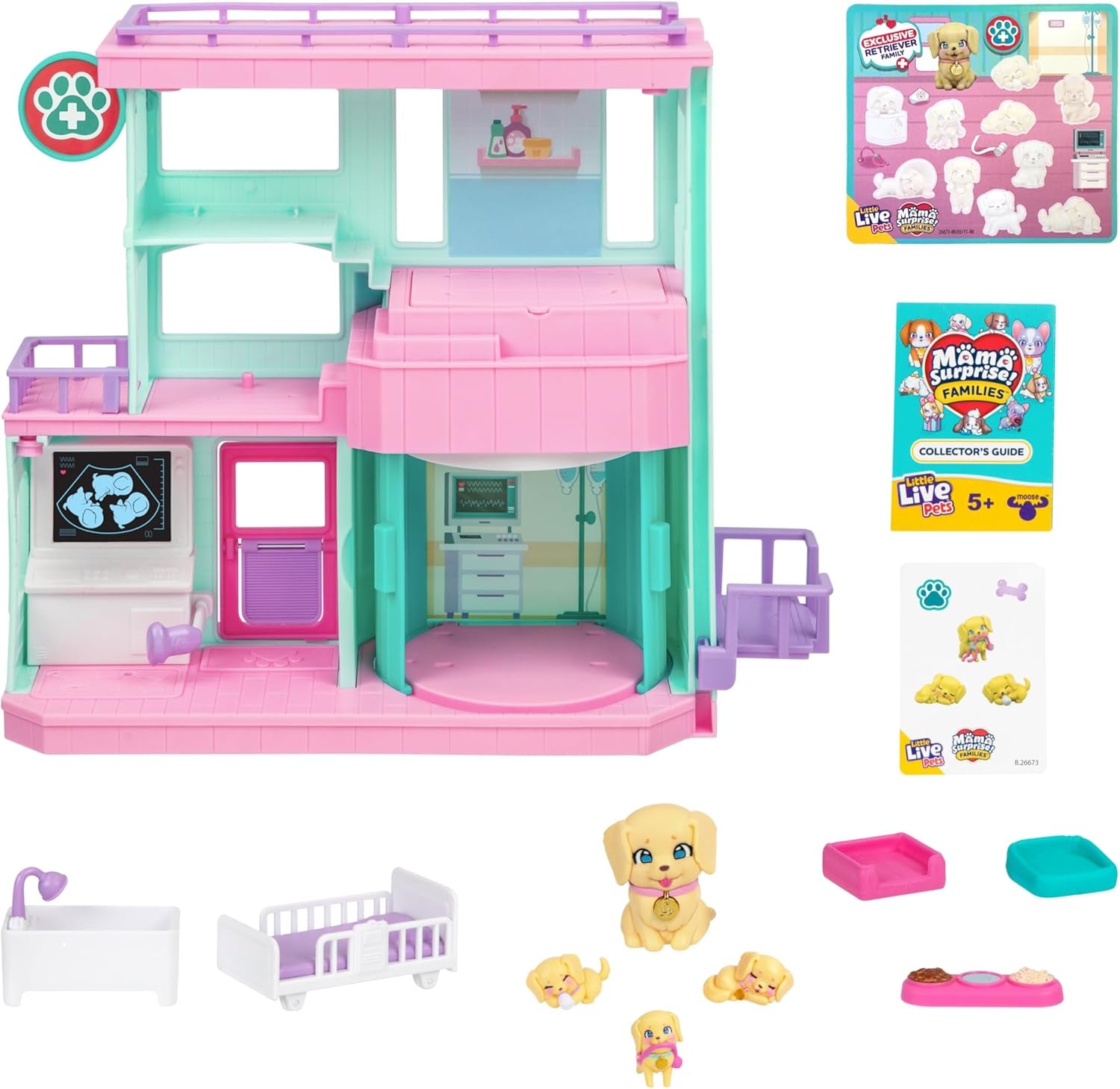 Ensemble de jeu Little Live Pets Mama Surprise Families Baby Clinic, 3 chiots Retriever inclus, ensemble de jeu magique double face (27,8 cm de largeur, 23,8 cm de hauteur). Nourrir, se baigner et jouer, cadeau pour enfants Figurines Naty Shop