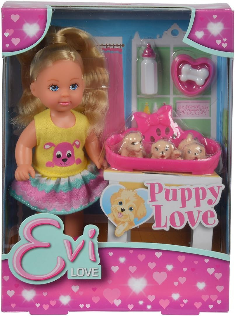 Simba 105733041 - Evi Love Puppy Love avec TROIS chiots, avec niche pour chien et accessoires, poupée mannequin, 12 cm, pour enfants à partir de 3 ans