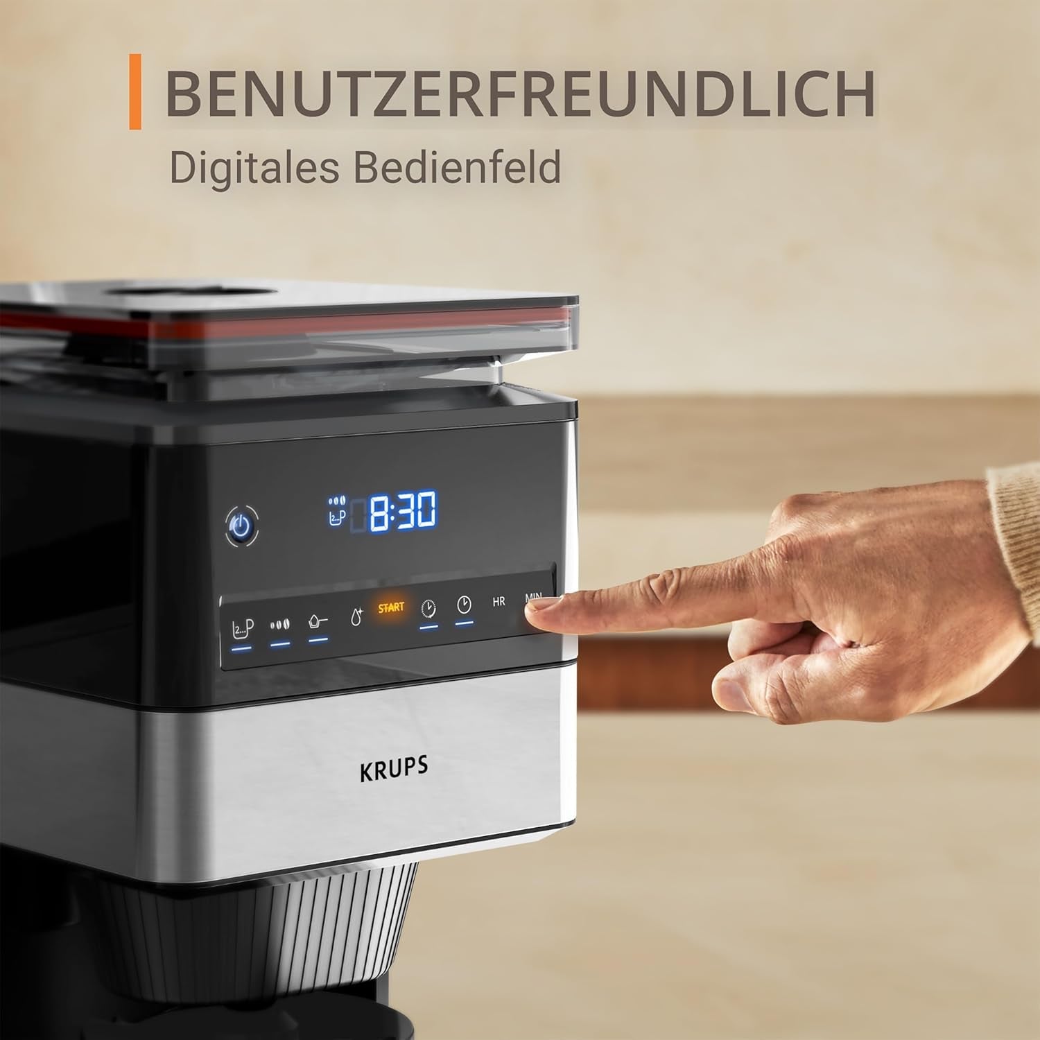 KRUPS Grind Aroma XL Machine à expresso, broyeur conique amovible, panneau de commande numérique, capacité XL (1,5 L), fonction maintien au chaud, carafe en verre, noir/acier inoxydable, KM842810