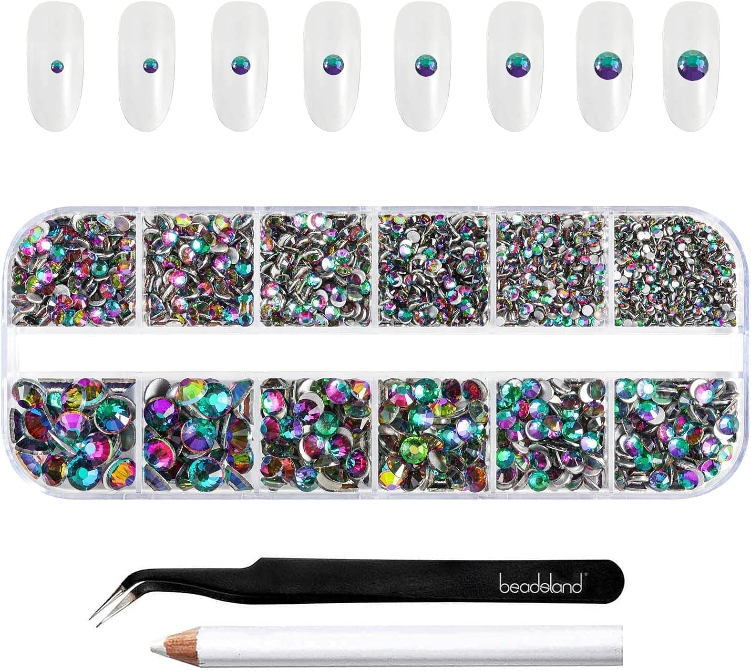 Beadland 2500Pcs Verre Nailart Strasssteine ​​​​Kristall Flatback Edelsteine ​​​​Runde, ​​​​pour Handwerk Gemischt 8 Größen SS4 ~ SS30 Mit Picking Pinzette Und Stift (Kristall Weiss)