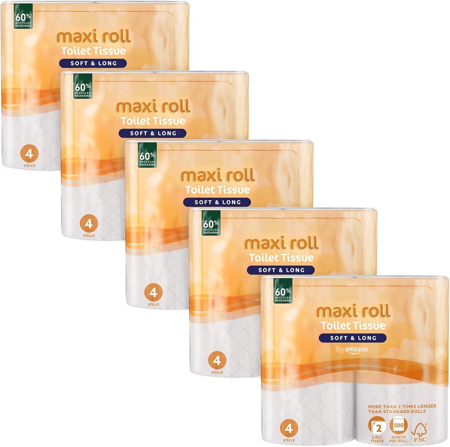 By Amazon Papier toilette (maxi rouleau), 2 épaisseurs, matelassé, doux et délicat, 20 rouleaux (5 paquets de 4), 500 larmes par rouleau, certifié Fsc