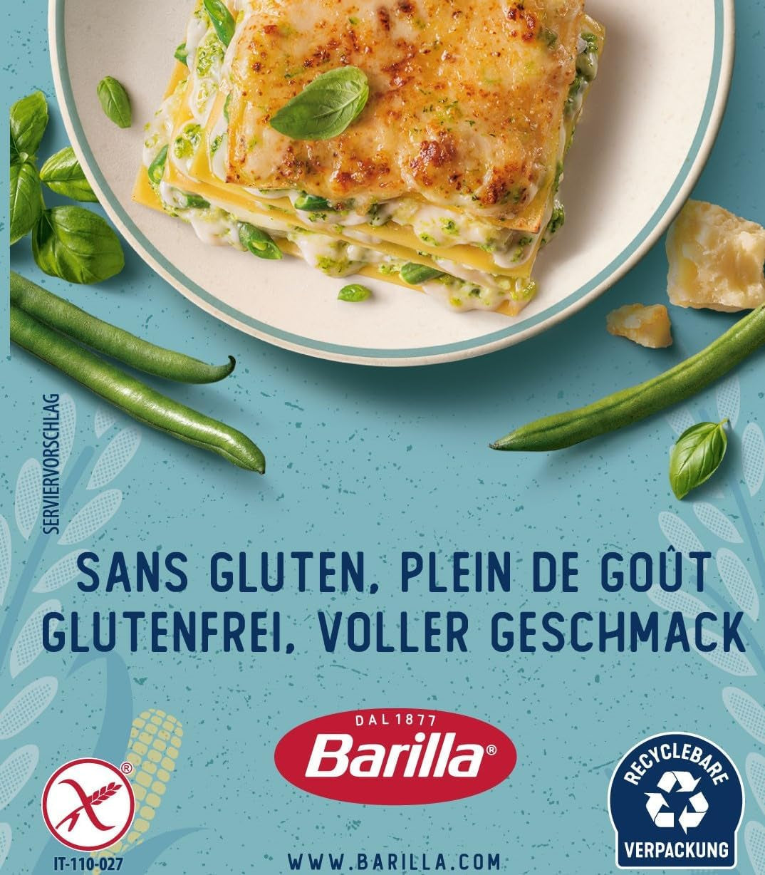 Lasagnes sans gluten Barilla Pasta, à base de délicieux maïs et riz, parfaites pour les personnes atteintes de la maladie coeliaque ou d'intolérance au gluten, paquet de 10 (10 x 250g)