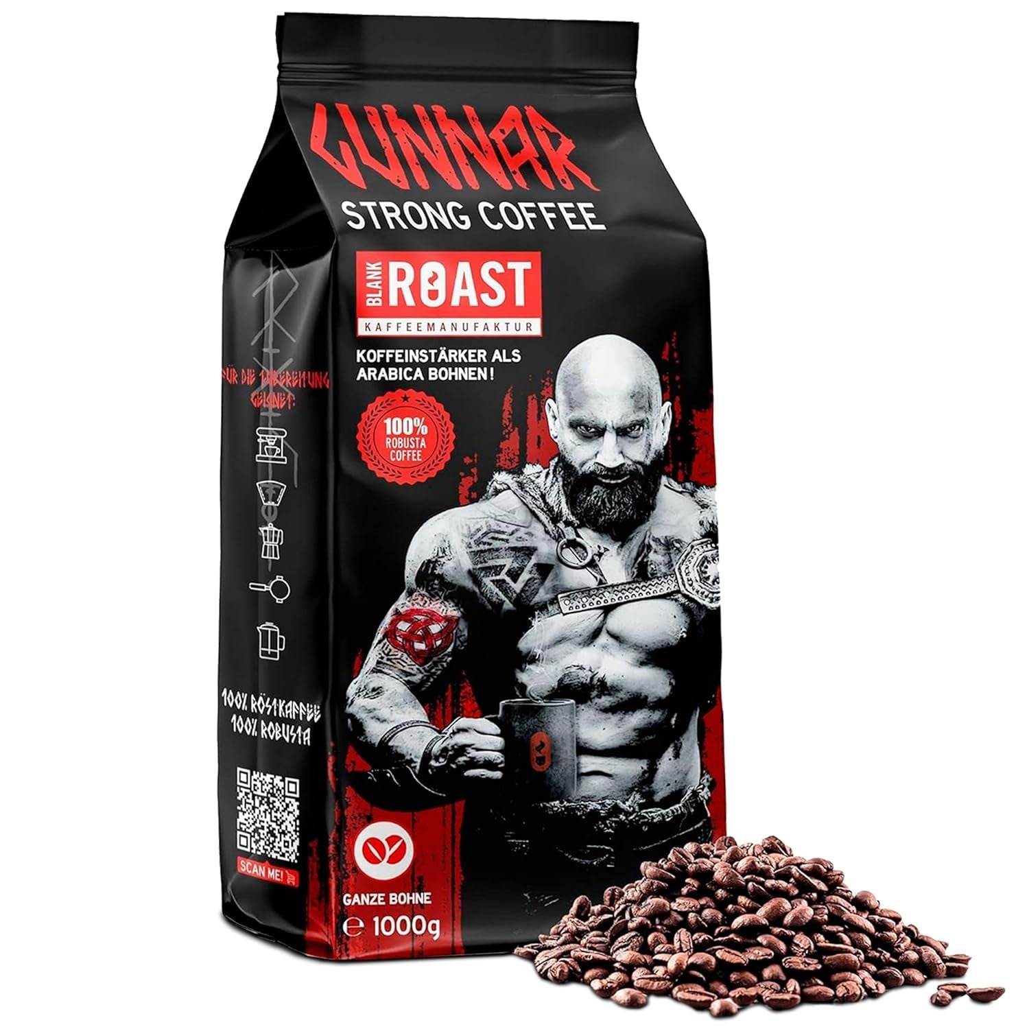 Rôti vierge - GUNNAR - 1kg - Café de Bohême entier extra fort - Kräftige Robusta-Röstung - 494mg Kaffein je Tasse - Würzig & Kraftvoll mit Noten von dunkler Schokolade - Säurearm