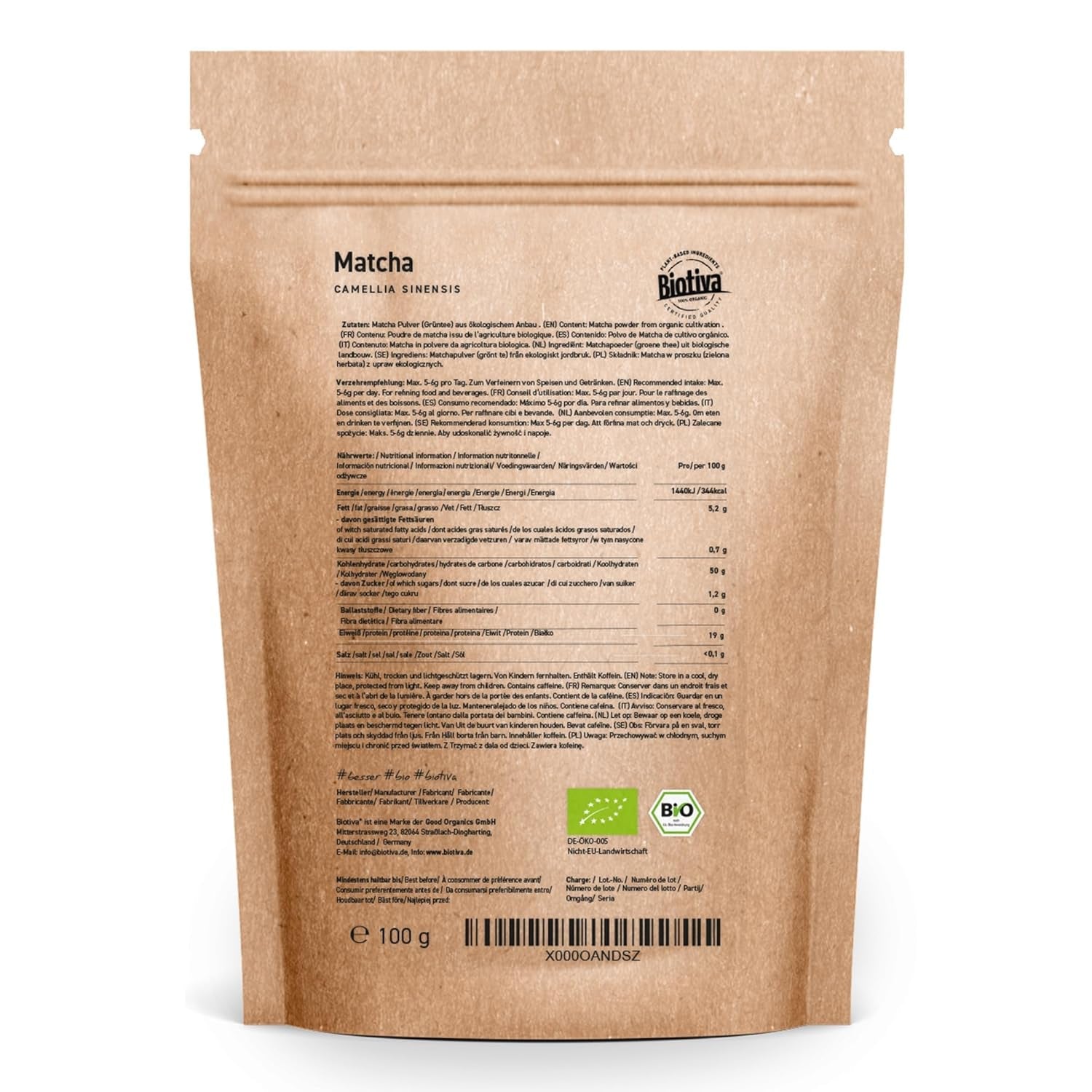 Thé Matcha biologique 100 g - Poudre de matcha originale - Smoothies au thé au lait - Matcha biologique de la plus haute qualité du Japon - Mis en bouteille et contrôlé en Allemagne - Biotiva