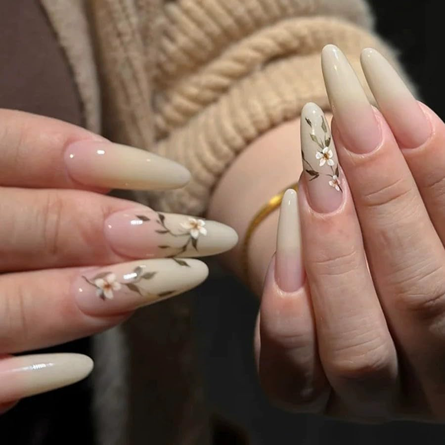 24 pièces presse longue sur les ongles cercueil ongles artificiels fleur de papillon ongles adhésifs blanc marron ensemble d'ongles en acrylique conseils d'ongles femmes printemps été accessoires pour ongles
