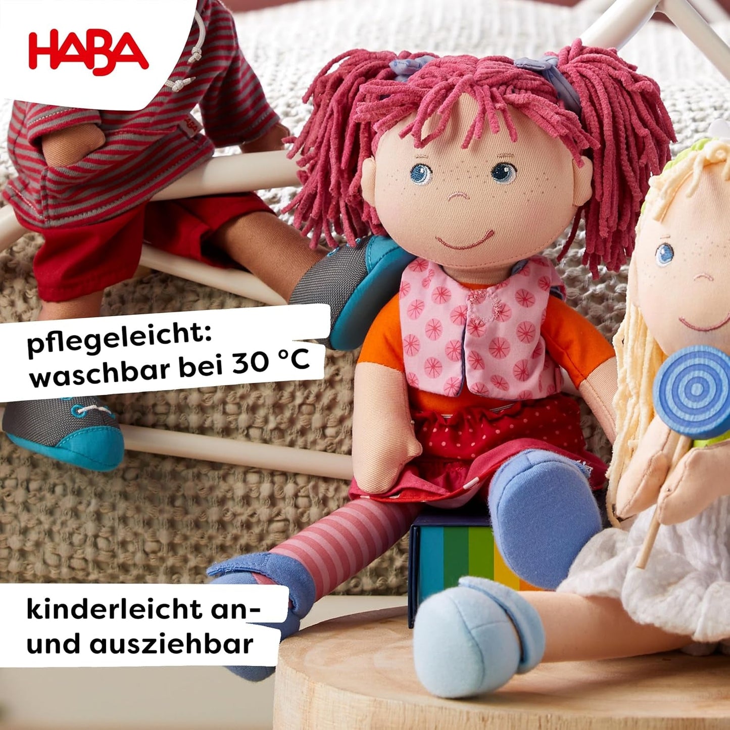 Poupée HABA Lily Lou - Poupée en tissu doux à partir de 18 mois - 30 cm avec vêtements et cheveux - Compagnon de jeu idéal pour les petits enfants - 1302842001