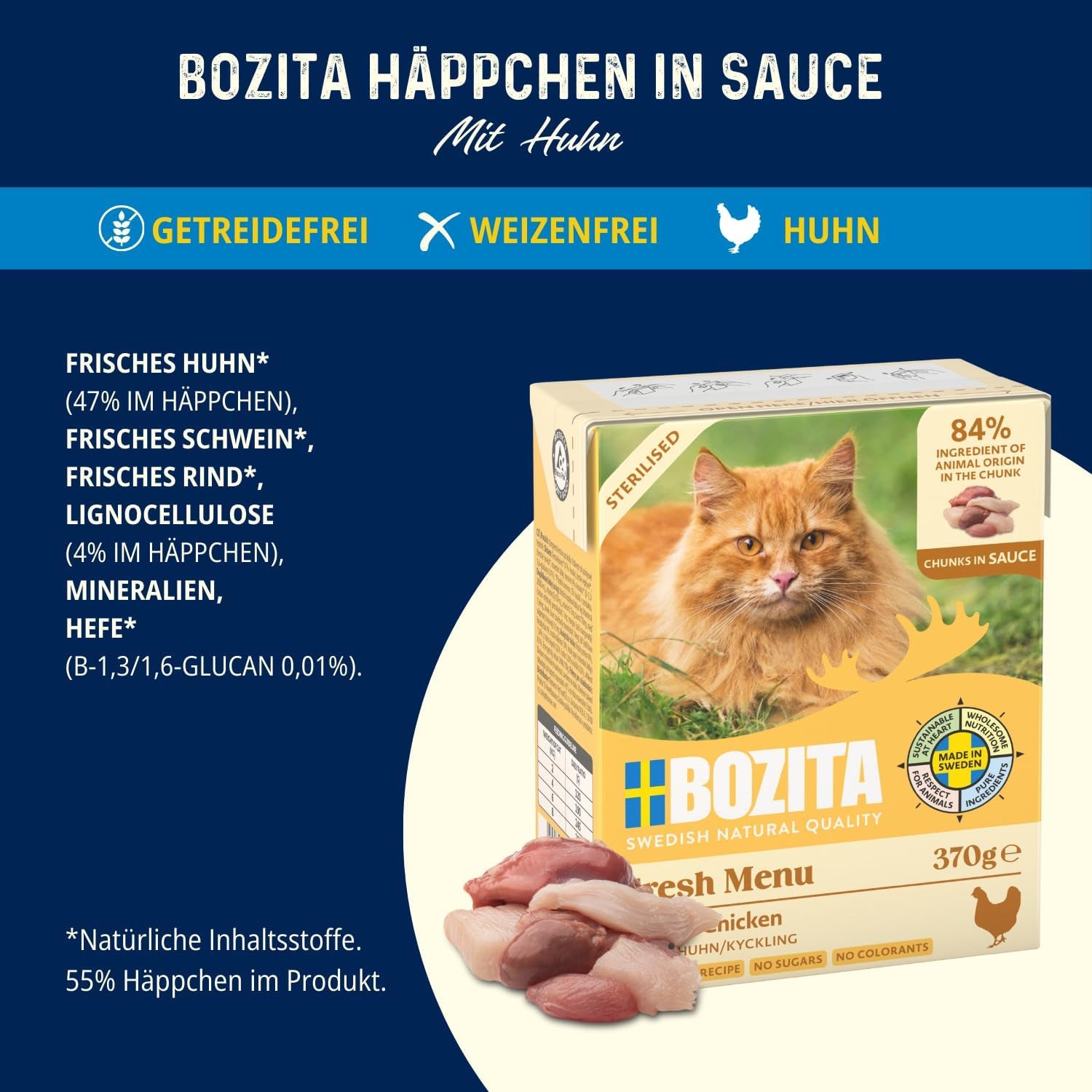 Bozita Tetra Morceaux stérilisés en sauce avec beaucoup de poulet - 6 x 370 g de nourriture humide pour chat sans céréales ni sucre - Sans OGM, avec 8,5 % de protéines et 4,5 % de matières grasses - Haute qualité et extrêmement savoureux