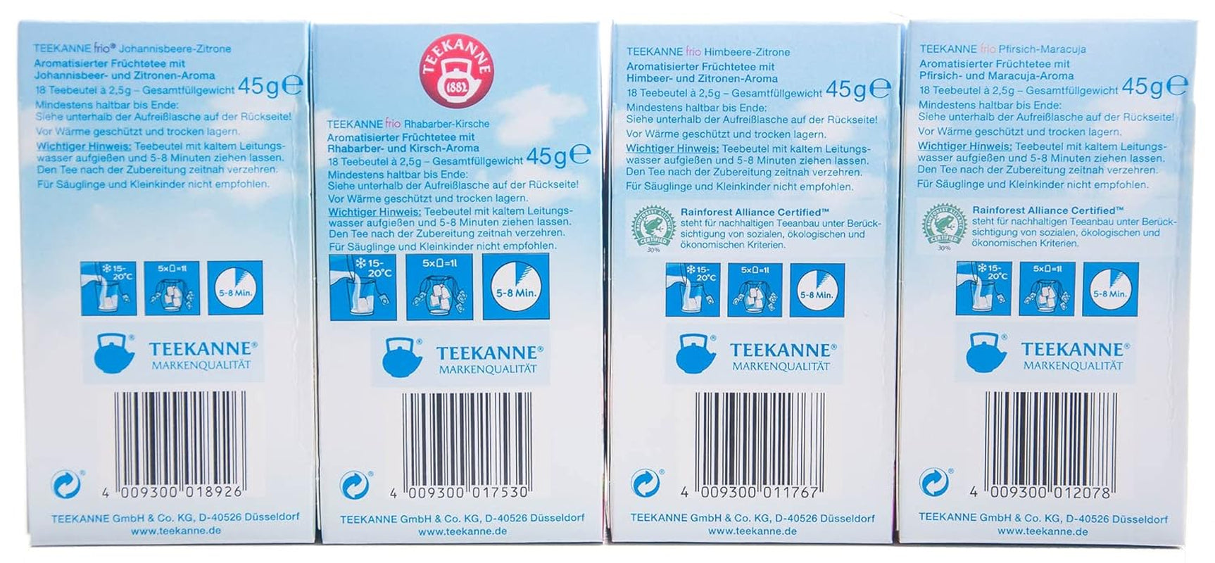 Teekanne Frio pack de 4, cerise rhubarbe, citron groseille, citron framboise, pêche passion (4 x 45 g)