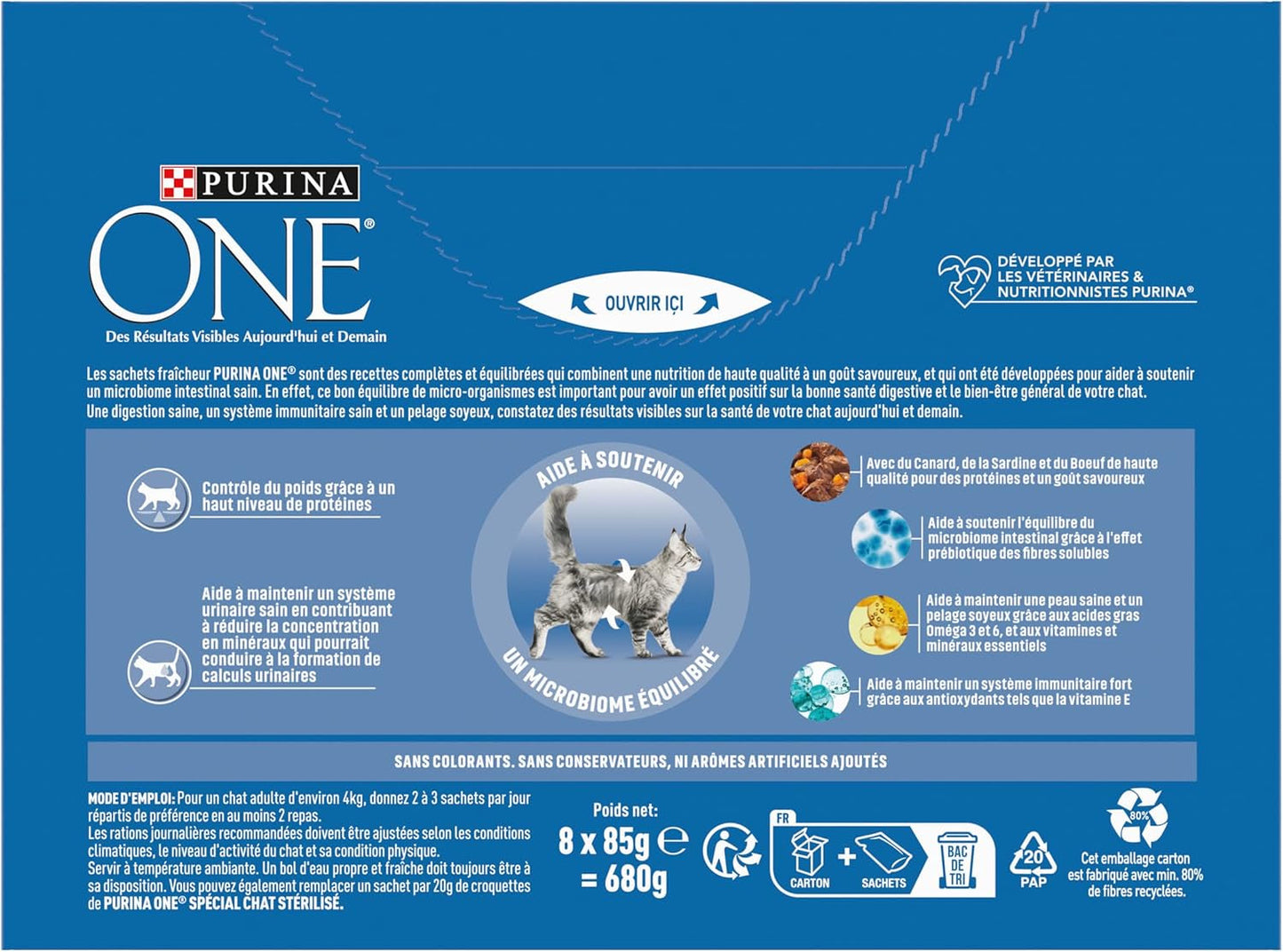 PURINA UN | BIFENSIE | Aliments pour chats adultes stérilisés | Soutient la vitalité, les os, les muscles et les articulations du chat | En sauce | Pochettes au canard, sardines, bœuf, fraîcheur | 1 pièce (8x85g)