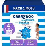 - Couches taille 4+ (9-20 kg) - saines et très absorbantes - étanche 12 heures - sans substances indésirables - fabriquées en France - prix abordable - 126 couches jetables