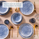 Azure Service de table vintage en grès pour 6 à 24 pièces – Rayures blanches et bleues, surface en relief – Passe au lave-vaisselle, au four et au micro-ondes