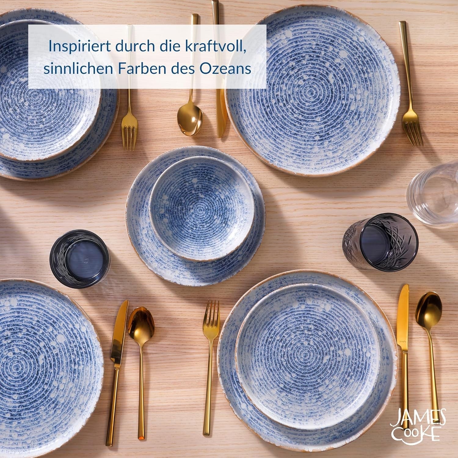 Azure Service de table vintage en grès pour 6 à 24 pièces – Rayures blanches et bleues, surface en relief – Passe au lave-vaisselle, au four et au micro-ondes