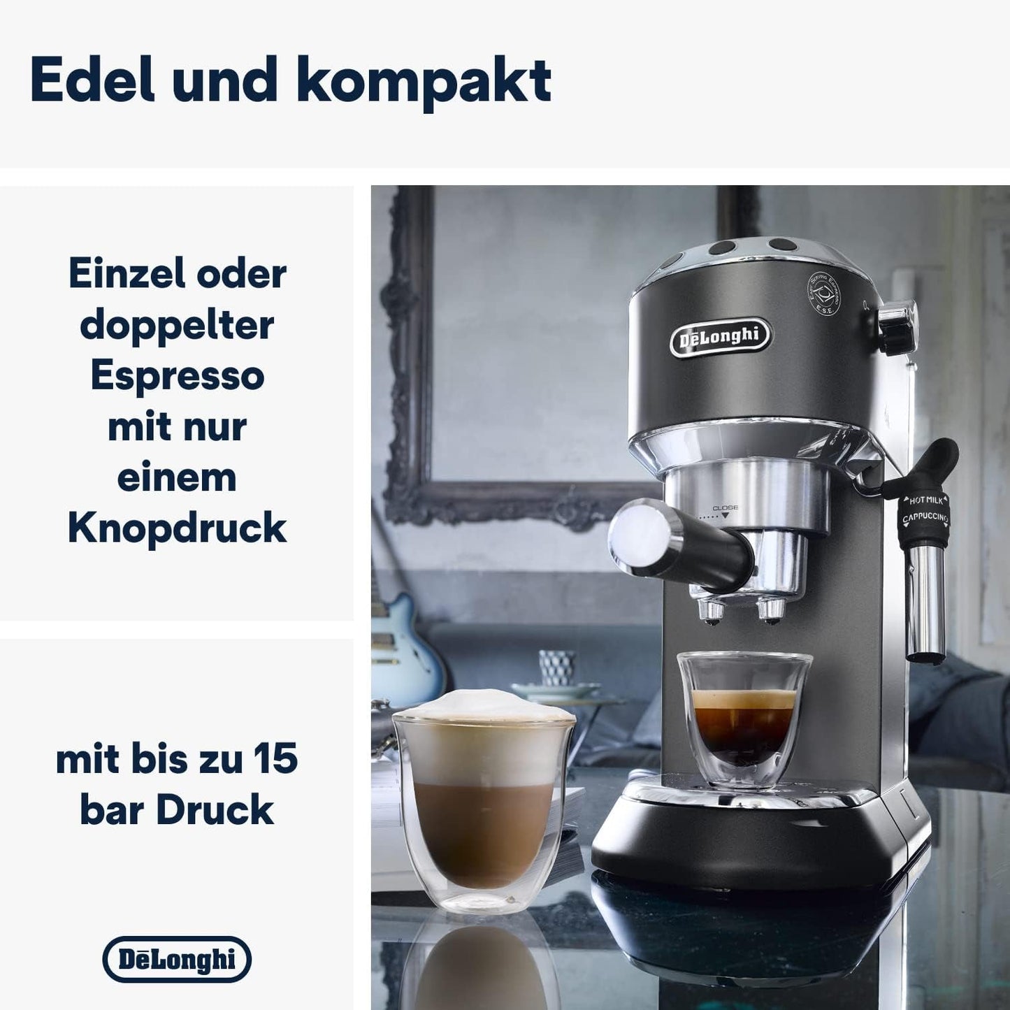 De'Longhi Dedica Style EC 685.B – Machine à expresso avec porte-filtre, machine à expresso avec mousseur à lait professionnel, seulement 15 cm de large, pour café moulu ou capsules ESE, réservoir d'eau 1 l, noir