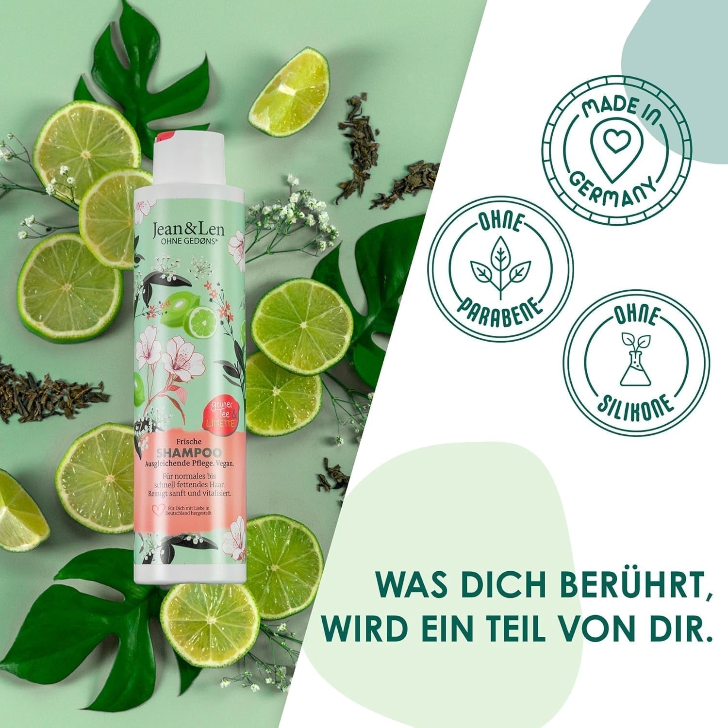 Jean & Len Shampoing hydratant Thé Vert & Citron Vert, pour cheveux normaux à gras, 300 ml Douche et bain Jean & Len Thé Vert & Citron Vert