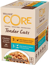 Wellness CORE Tender Cuts 6 x 85g, Chicken Selection Mix - Nourriture humide pour chats, morceaux tendres en sauce, sans céréales, naturelle, hypoallergénique, riche en protéines, haute teneur en viande