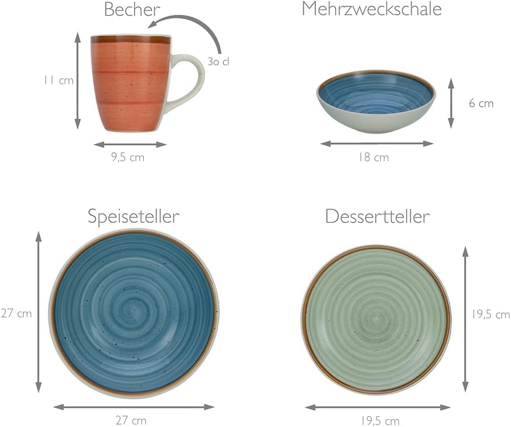 CreaTable, 22851, série COUNTRY, service de table 24 pièces pour 6 personnes, service combiné en porcelaine, passe au lave-vaisselle et au micro-ondes, fabrication de qualité