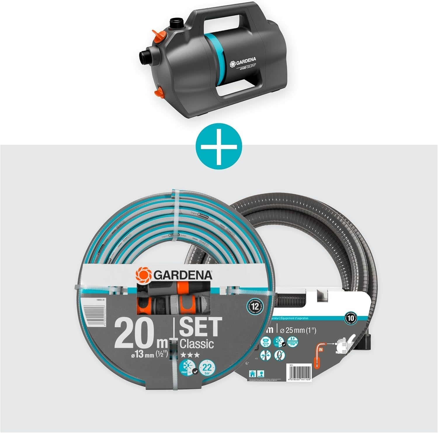Ensemble Pompe de Jardin Silencieuse Gardena 4100 : Pompe d'Irrigation Très Silencieuse et Innovante avec Raccord d'Aspiration de 3,5 m et Tuyau Classique de 20 m, Débit 4100 L/h, Moteur 550 W, Étanche, Économique (9051-20)