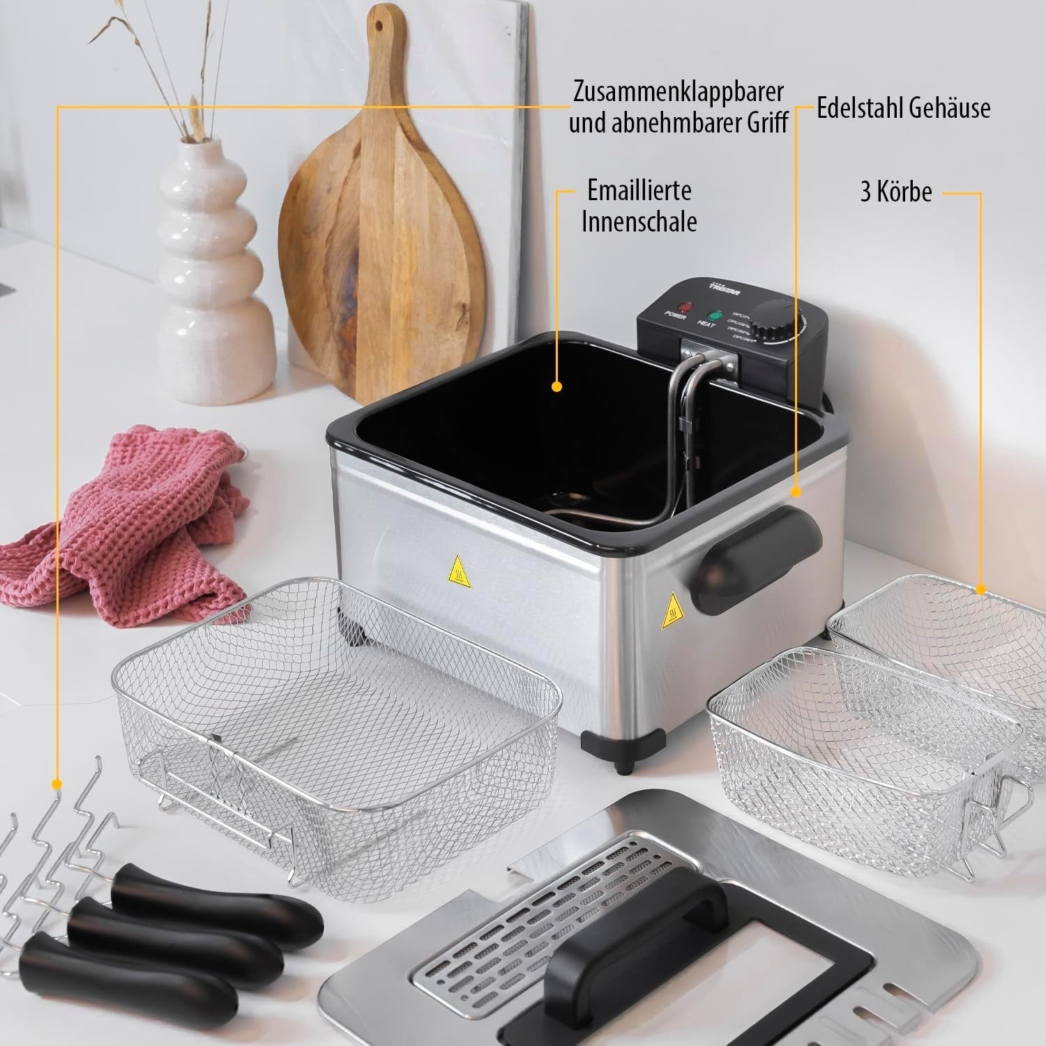 Friteuse Tristar, 1 grand panier et 2 petits paniers, thermostat réglable, zone de refroidissement, 5 litres, 2000 W, FR-6949 Électroménager Naty Shop