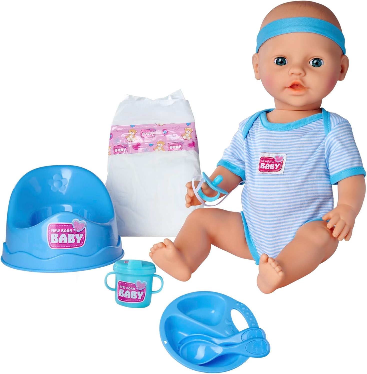 Simba 105030044 - Poupée nouveau-né - Garçon, poupée entièrement en vinyle avec yeux endormis, fonction boire et mouiller et accessoires, 8 pièces, 43 cm, poupée bébé, à partir de 3 ans