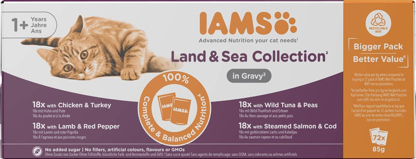 IAMS Delights Land & Sea Collection Nourriture humide pour chats - Assortiment de viande et de poisson multipack en sauce, nourriture humide pour chats à partir de 1 an, 72 x 85 g