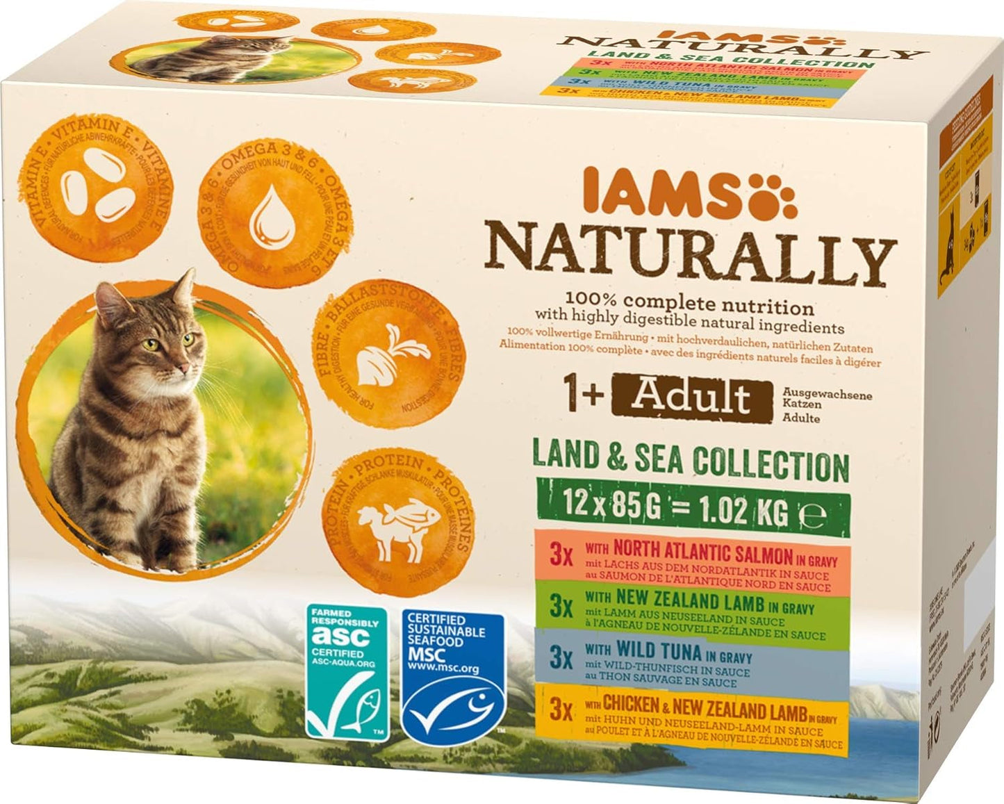 IAMS Natural Wet Cat Food in Sauce - Nourriture humide à base de viande et de poisson de haute qualité pour chat adulte, Collection Land & Sea, 12 x 85 g