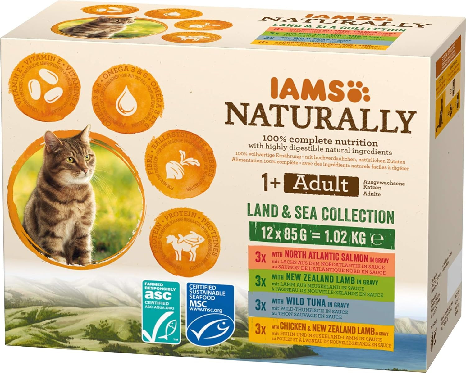 IAMS Natural Wet Cat Food in Sauce - Nourriture humide à base de viande et de poisson de haute qualité pour chat adulte, Collection Land & Sea, 12 x 85 g