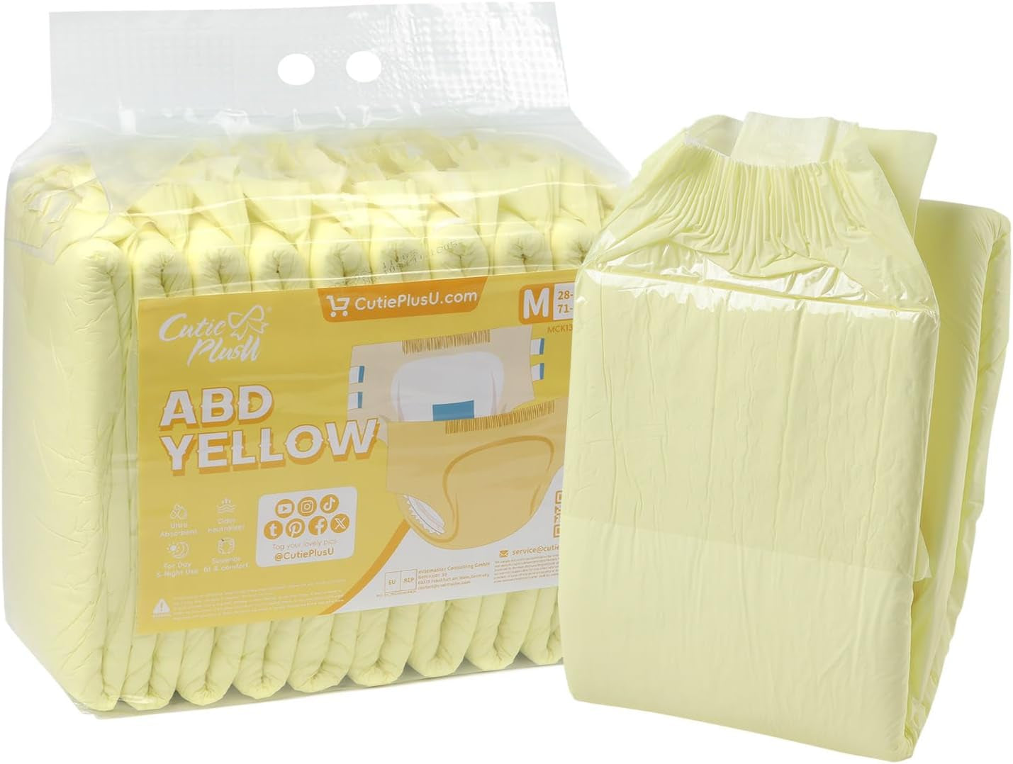 CutiePlusU Lot de 10 couches jetables pour incontinence avec boucles pour femme et homme, absorption maximale pendant la nuit – Jaune (taille moyenne 71-96 cm)