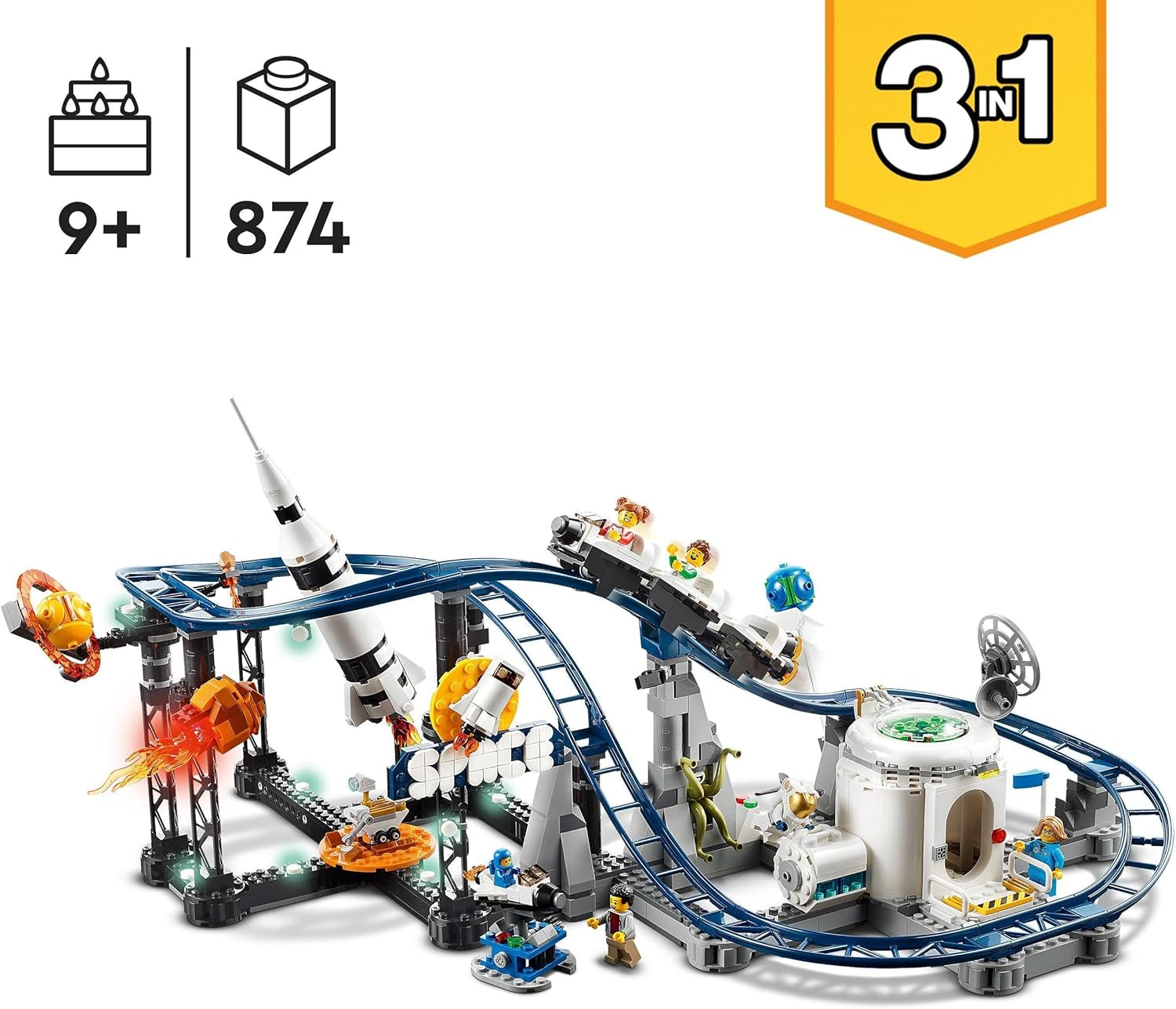 LEGO 31142 Creator Kit de jouets de montagnes russes spatiales 3 en 1 pour enfants avec chariots de travail, se transforme en tour à chute libre ou en carrousel avec des fusées et des briques lumineuses. Besuche an LEGO-Store