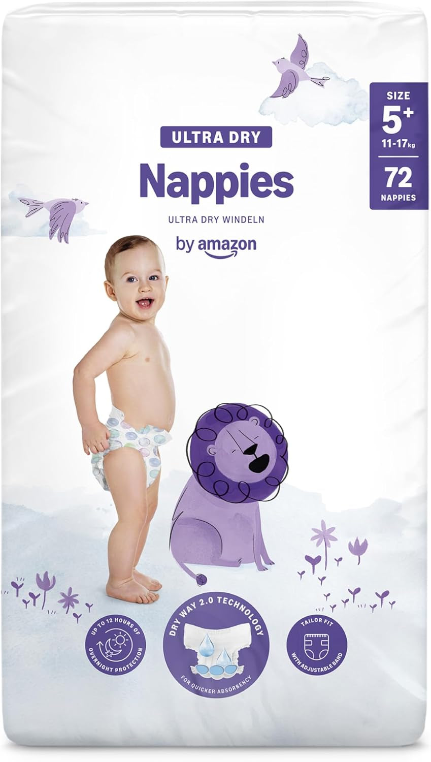 Couches Amazon Ultra Dry, taille 1 (2-5 kg) – Boîte mensuelle, blanche, 96 pièces (2 paquets de 48) (anciennement marque Mama Bear, produit identique)