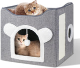 Katzenbetten für Indoor Katzen, Faltbares Katzenhaus, Katzenhöhle 2 Schicht Würfel Großer Raum Katzenbett mit Kratzbrett et Spielball, 15,8 x 15,8 x 15 pouces
