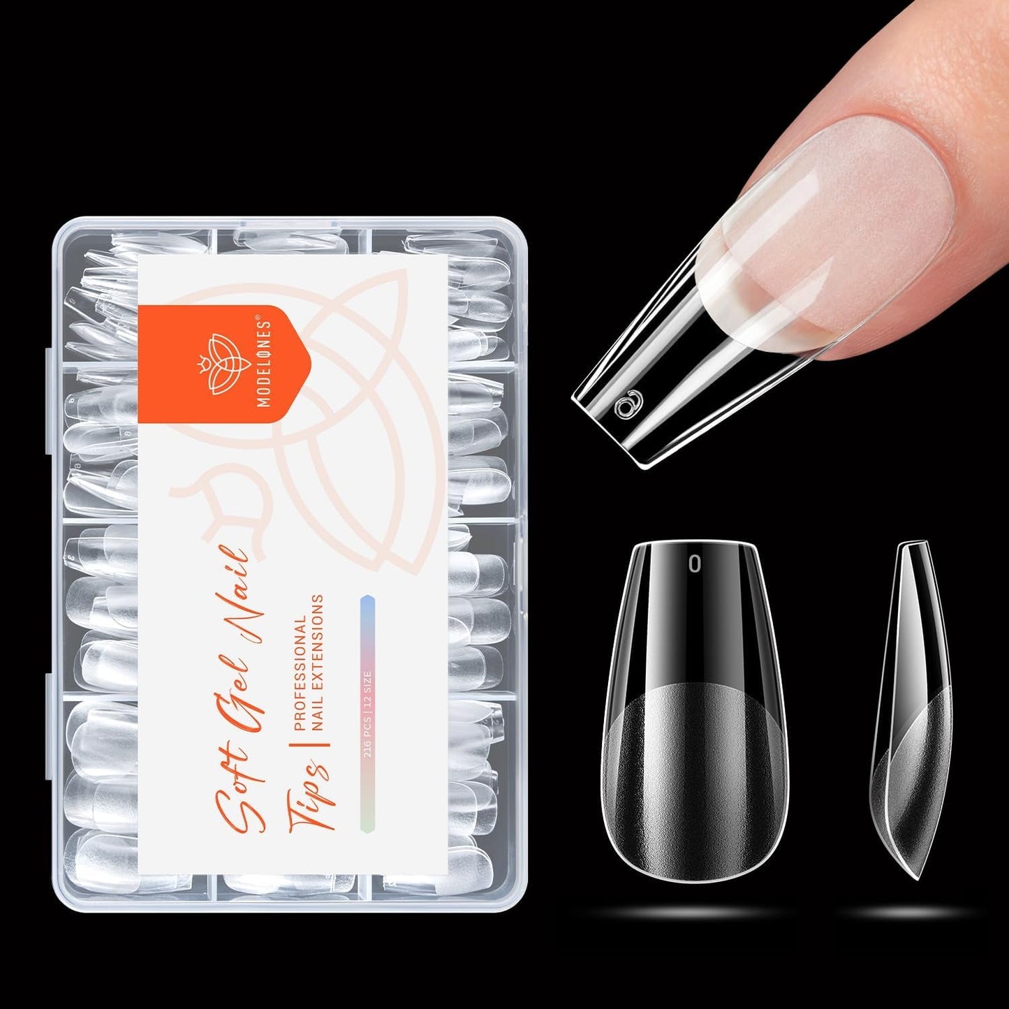Modelones Nail Tips 216 pièces – Ensemble de pointes d'ongles à couverture complète, ensemble de pointes en gel souple, pointes d'ongles en résine PMMA pré-polissage, colle DIY sur ongles artificiels Nail Art, amandes courtes XS