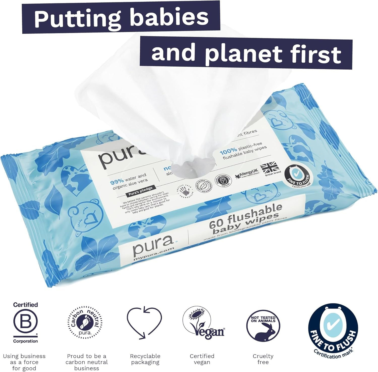 Lingettes jetables écologiques pour peau sensible de bébé, 70 lingettes (1 paquet) 99 % d'eau, 100 % sans plastique, pour peaux sensibles sujettes à l'eczéma, nouveau-né, biodégradables, végétaliennes
