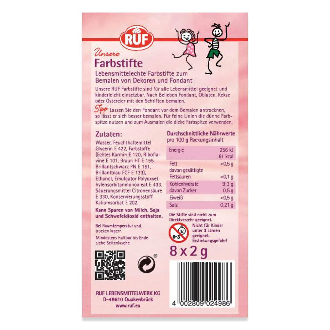 RUF Lot de 8 stylos colorants alimentaires sans danger pour peindre et écrire sur fondant et autres stylos à sucre avec 2 pointes chacun