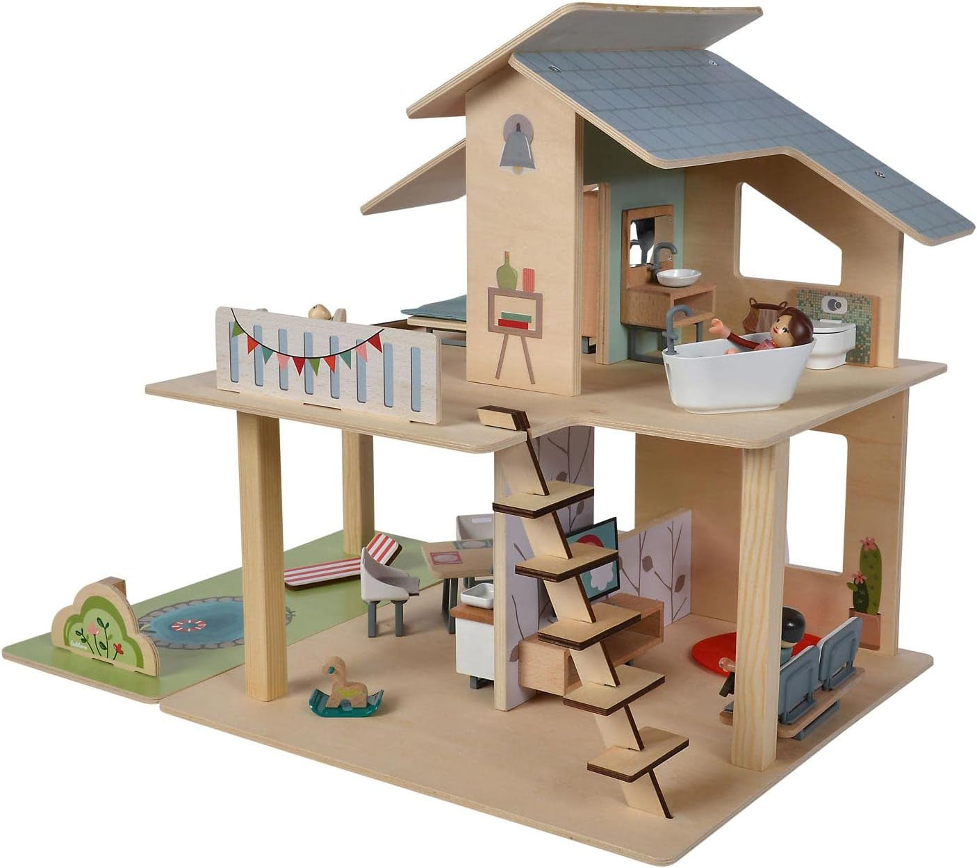 Eichhorn - Maison de poupée avec accessoires - incl. meuble et 3 figurines, non assemblés, en bois, 25 pièces, 53x36x44 cm, à partir de trois ans