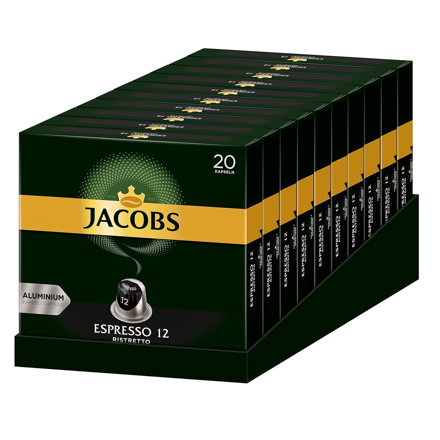 Capsules de café Espresso Ristretto, intensité 12 sur 12, 10 x 20 tasses & Capsules de café Lungo Decaffeinato - intensité 6- 200 capsules compatibles Nespresso, 10er Pack, 10 x 20 tasses