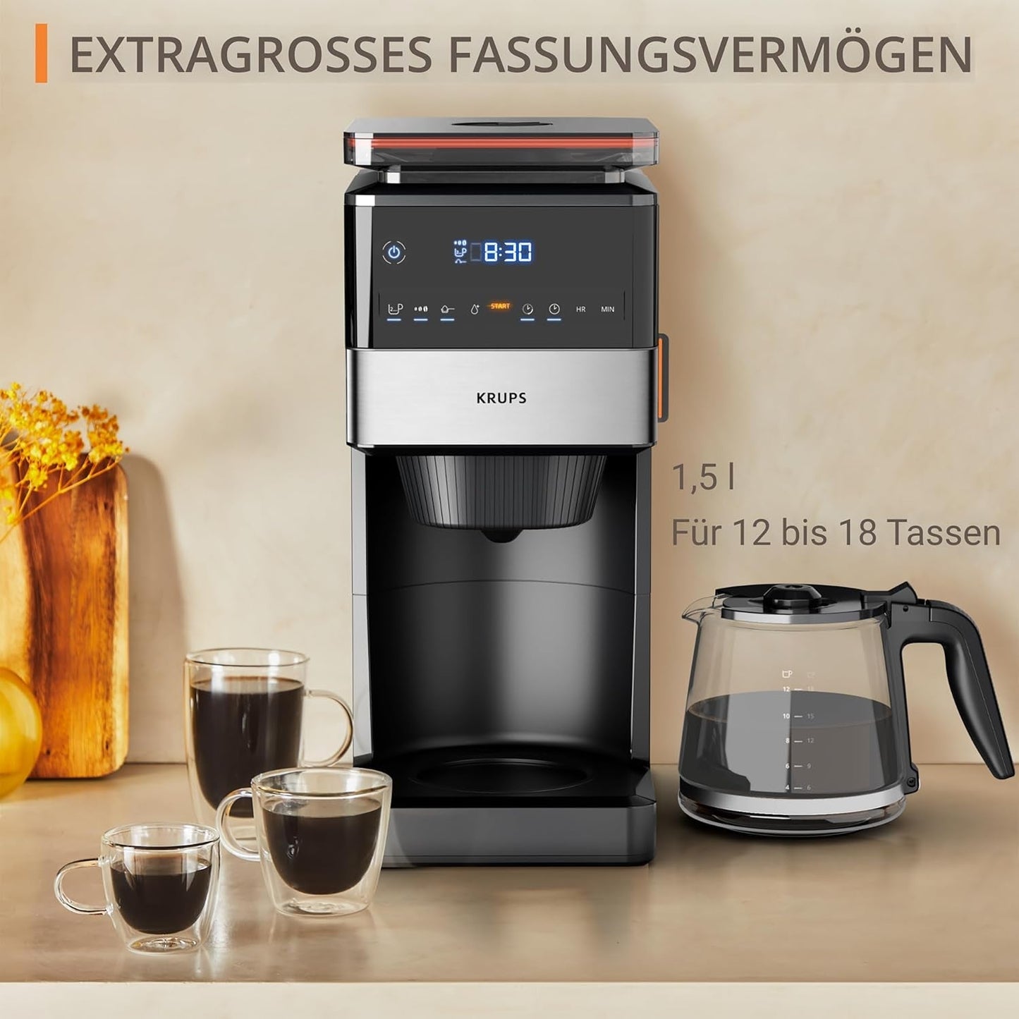 KRUPS Grind Aroma XL Machine à expresso, broyeur conique amovible, panneau de commande numérique, capacité XL (1,5 L), fonction maintien au chaud, carafe en verre, noir/acier inoxydable, KM842810