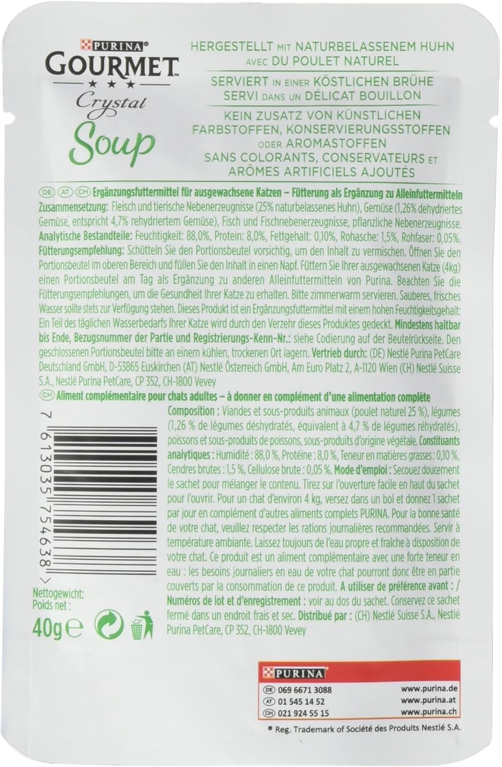 Soupe Gourmet Crystal pour Chats au Poulet et Légumes Naturels, Paquet de 32 (32 x 40g)