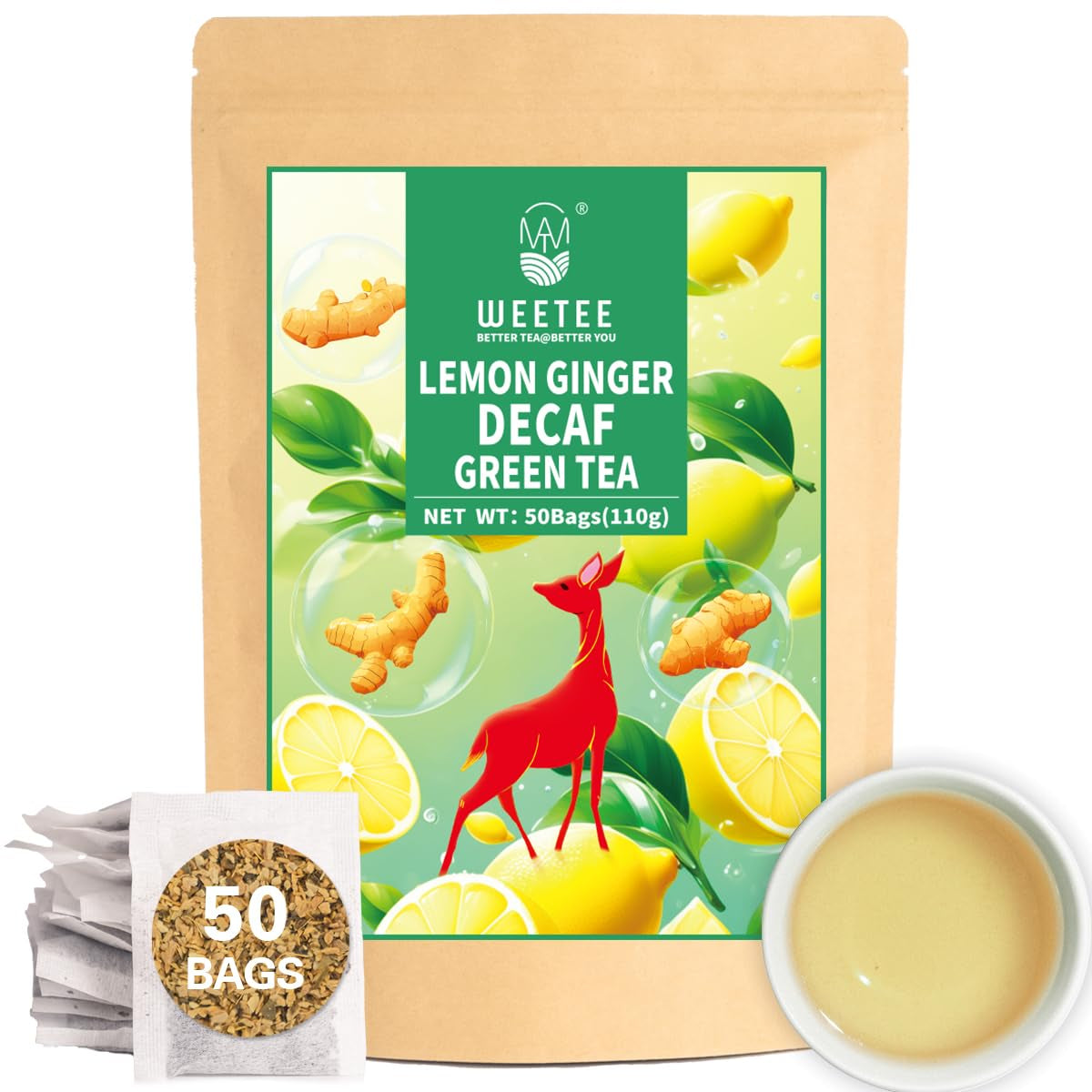 WEETEE Sachets de thé vert, 100 sachets de thé vert, thé vert pur, super antioxydant | Sachets refermables | Préparation chaude ou froide