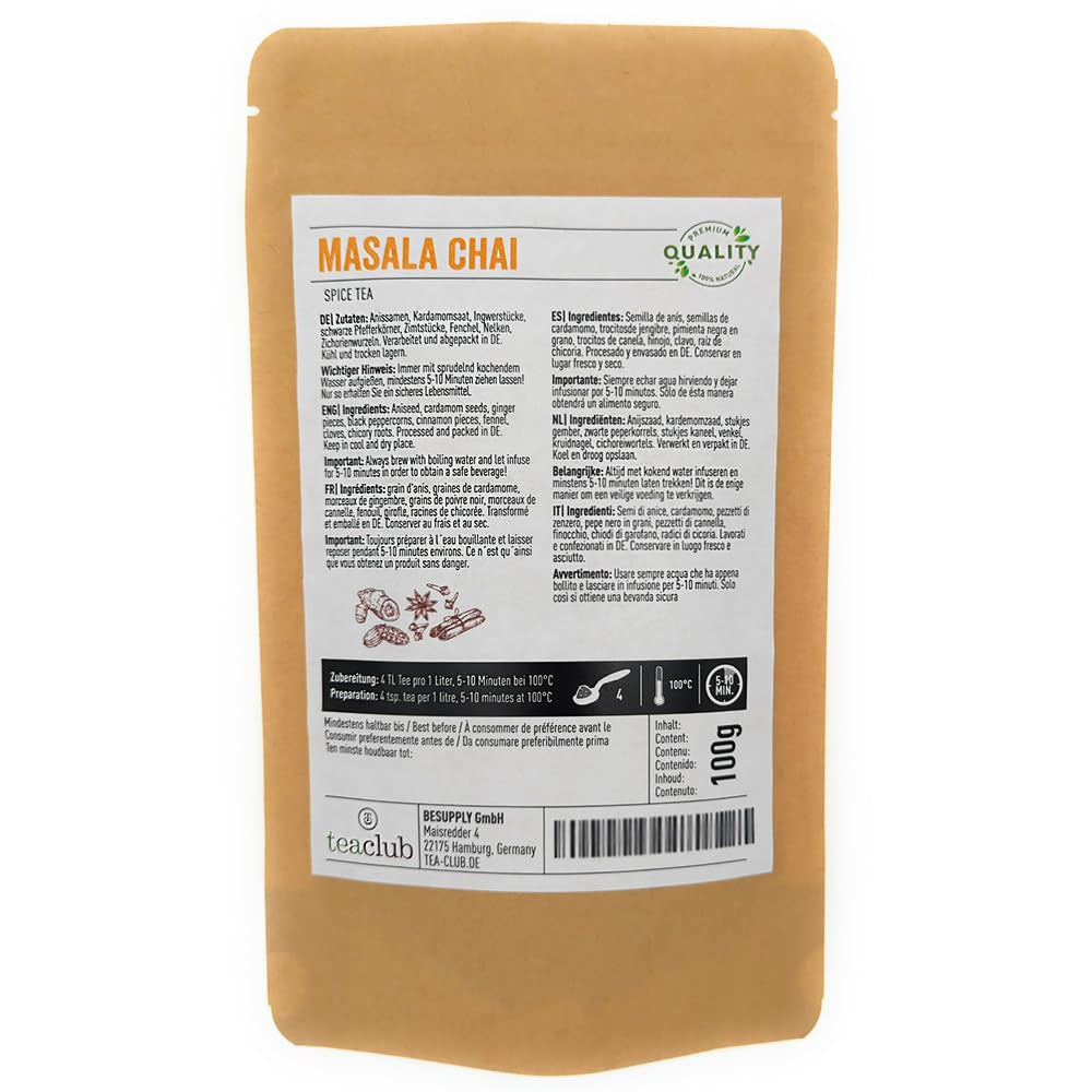 Mélange d'épices pour thé Masala Chai 100g, épices indiennes pour thé chai ou chai latte, 100% naturelles, sans saveur, Teaclub Tea