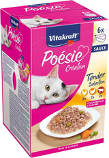 Vitakraft Poésie Création, Tender Selection, Nourriture humide pour chat, Nourriture humide pour chat en sauce, au poulet, à la dinde, au bœuf, sans sucre ajouté et sans céréales (1 paquet de 6 x 85g)