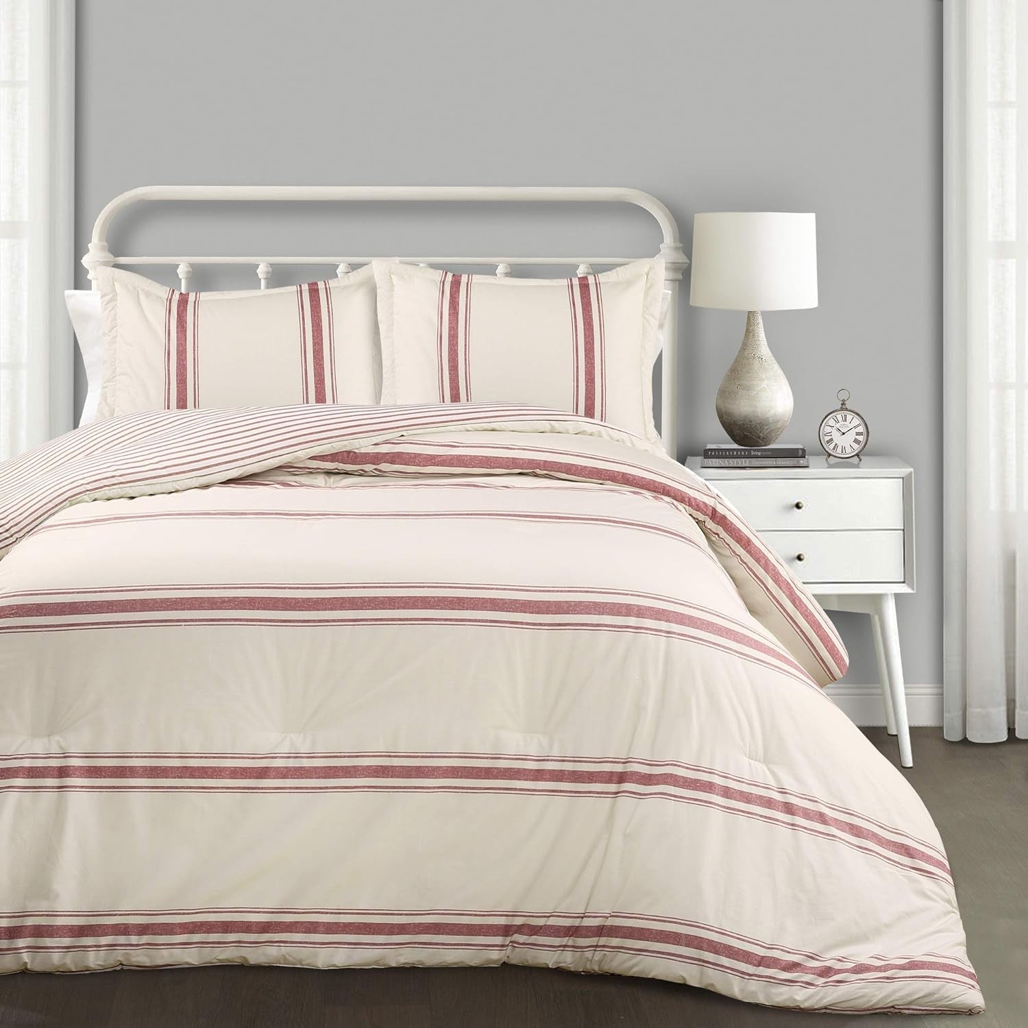 Lush Decor Couette de ferme rayée pour lit double/queen size, courtepointes et courtepointes grises Naty Shop Red King